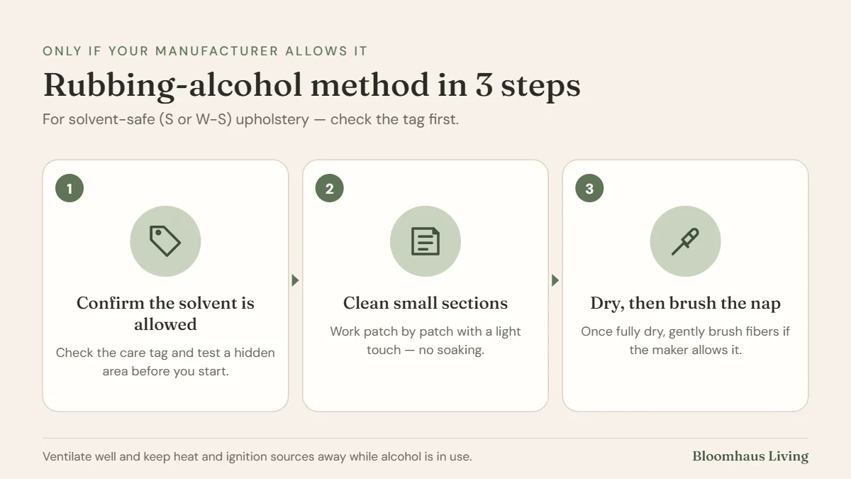 3 steps to clean a microfiber couch with rubbing alcohol: confirm the solvent is allowed, clean small sections, dry then brush the nap