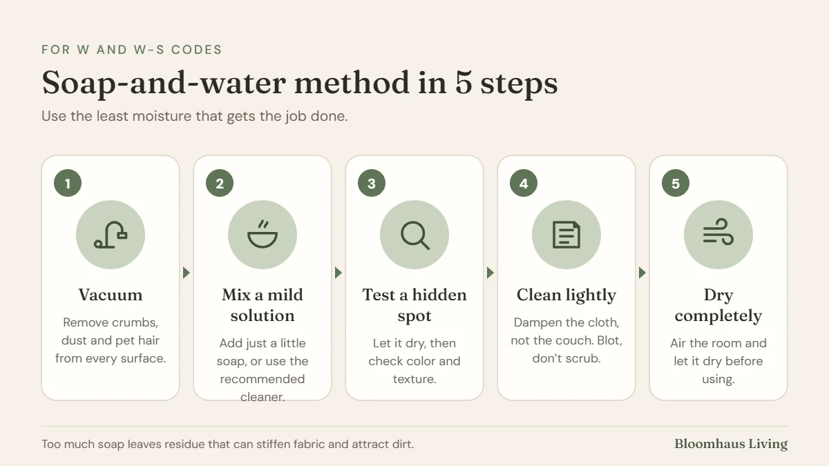 5 steps to clean a microfiber couch with soap and water: vacuum, mix a mild solution, test a hidden spot, clean lightly, dry completely