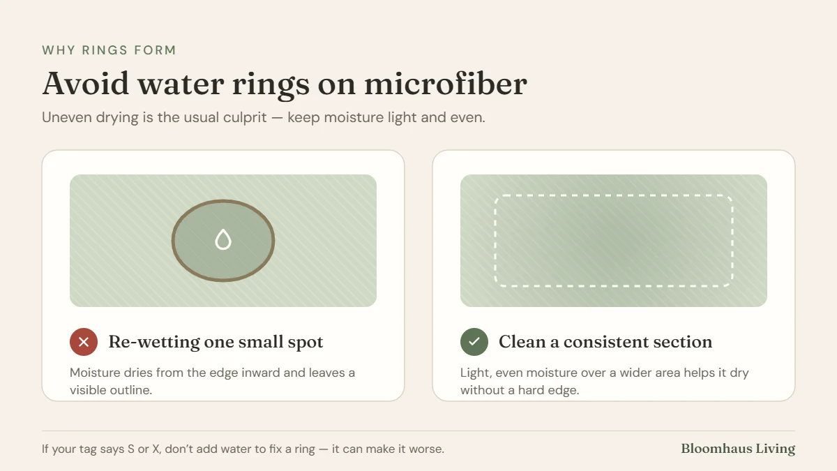 Why water rings form on microfiber: re-wetting one small spot versus cleaning a consistent section