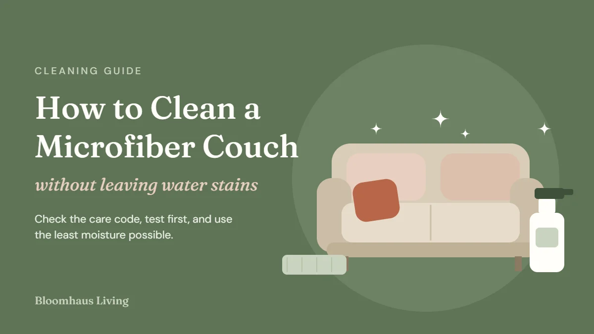 How to clean a microfiber couch without leaving water stains, illustrated couch with spray bottle and microfiber cloth