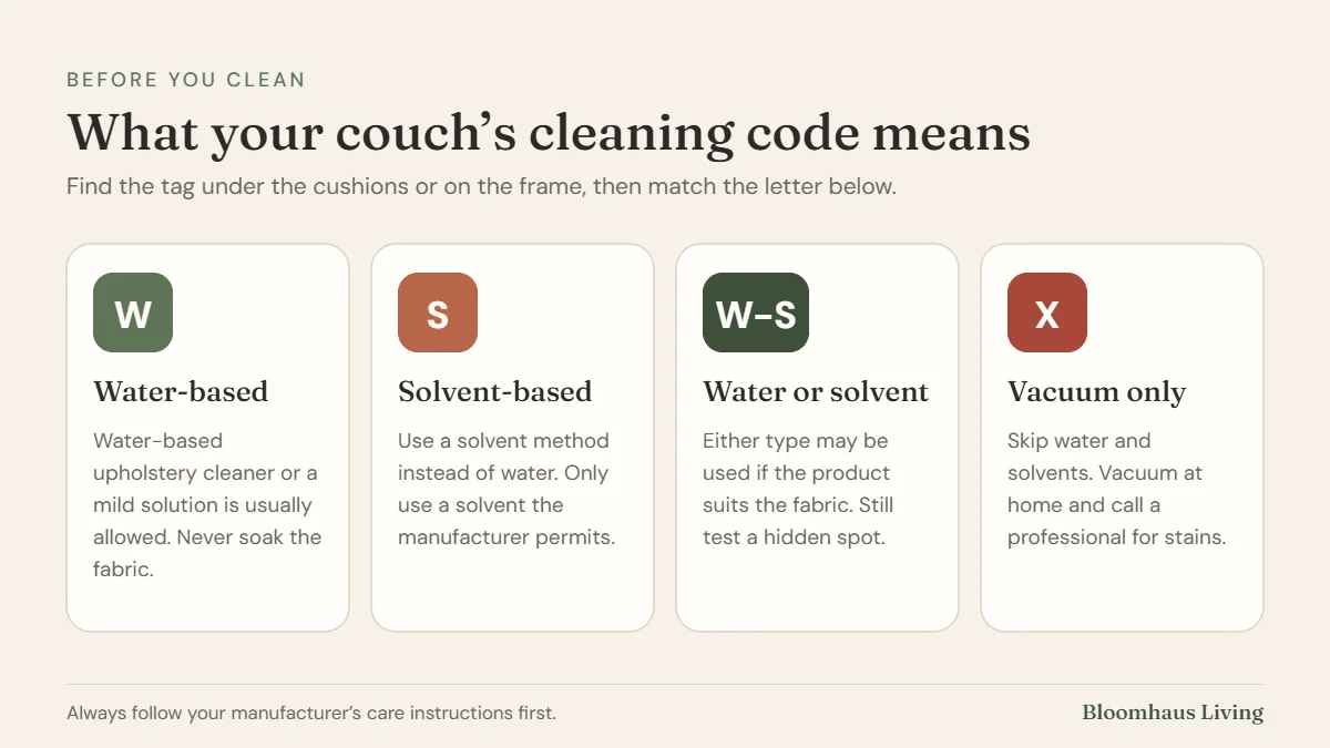 Microfiber couch cleaning codes explained: W water-based, S solvent-based, W-S water or solvent, X vacuum only