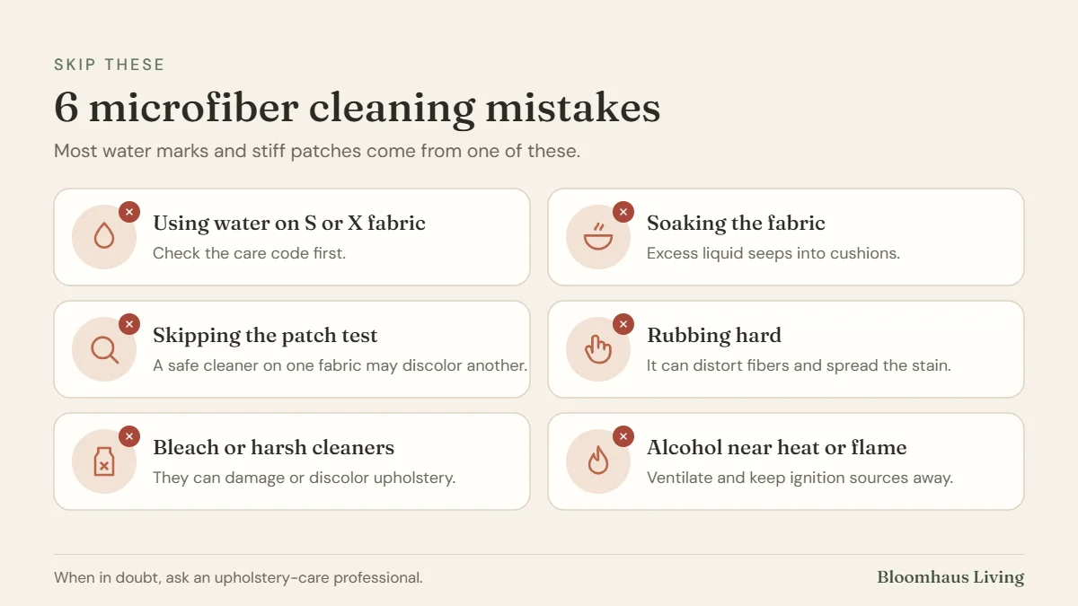 6 microfiber couch cleaning mistakes to avoid, including soaking the fabric and skipping the patch test