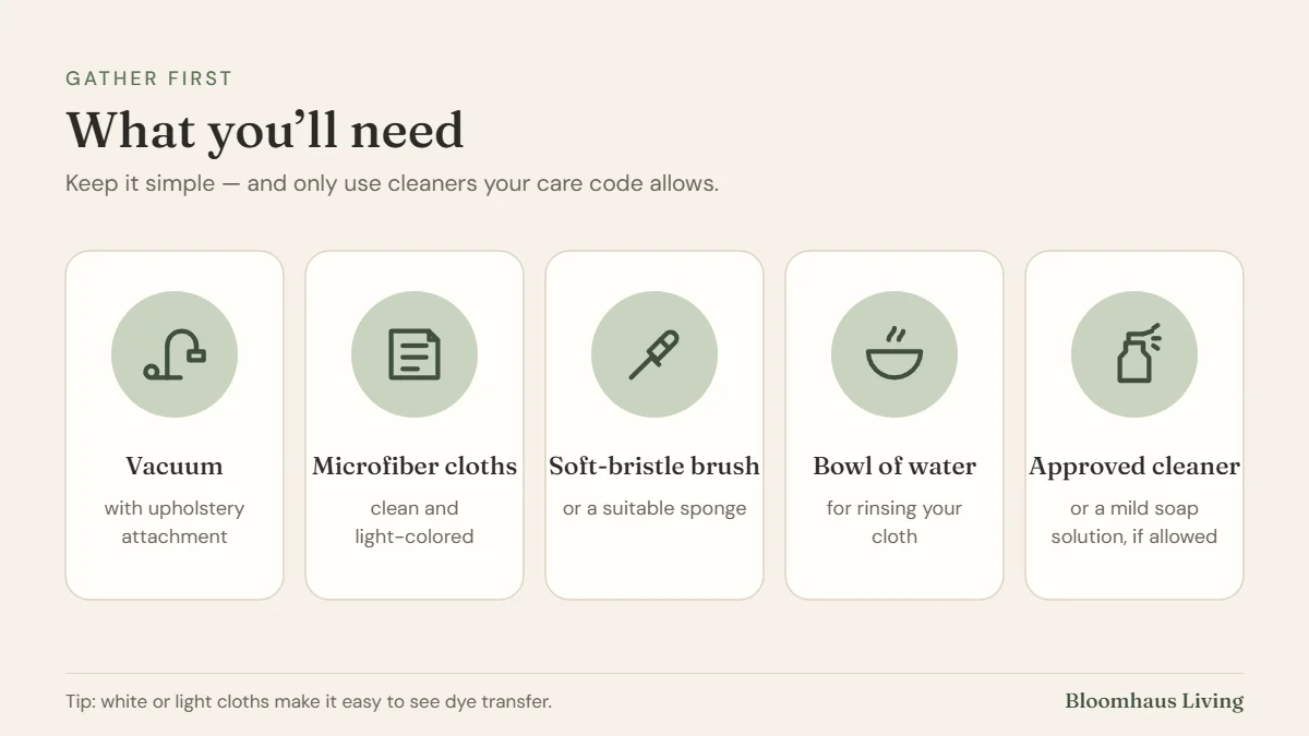 Supplies for cleaning a microfiber couch: vacuum with upholstery attachment, microfiber cloths, soft-bristle brush, bowl of water and approved cleaner