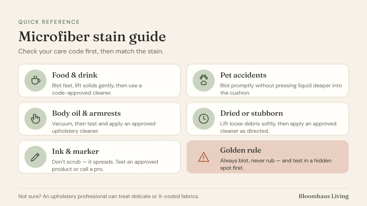 Microfiber couch stain guide for food and drink, body oil, ink, pet accidents and dried stains